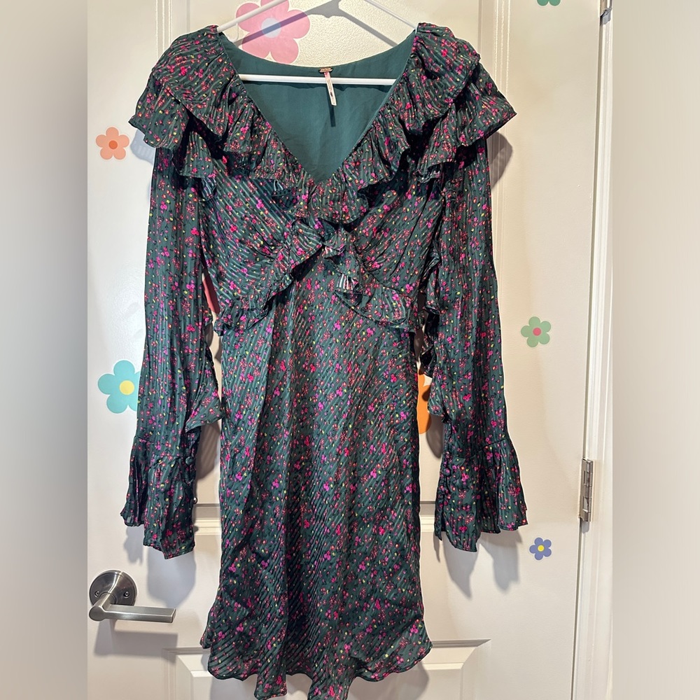 Free People Sweetest Thing Green and Pink Ruffle Dress